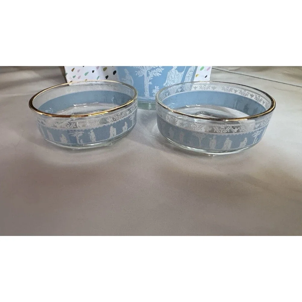 Jeanette Glass Hellenic Wedgwood Blue Grecian 2 Bowls/Trays Open Bowl (Ice)